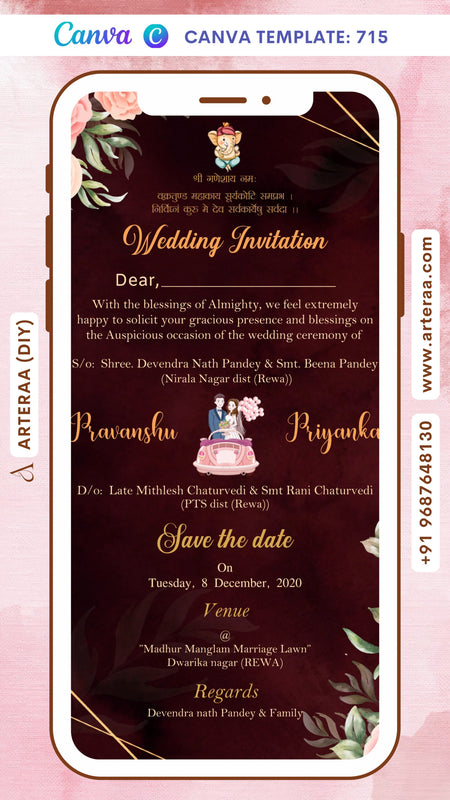 Wedding ceremony invitation card Canva Editable Template of hindu south indian telugu family in english language with Floral theme design 715