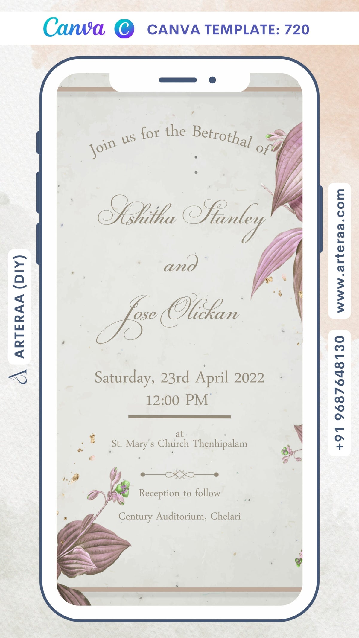 Betrothal ceremony invitation card Canva Editable Template for Catholic family in english language with leaves, frame as minimalistic theme design 720