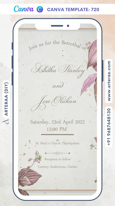 Betrothal ceremony invitation card Canva Editable Template for Catholic family in english language with leaves, frame as minimalistic theme design 720