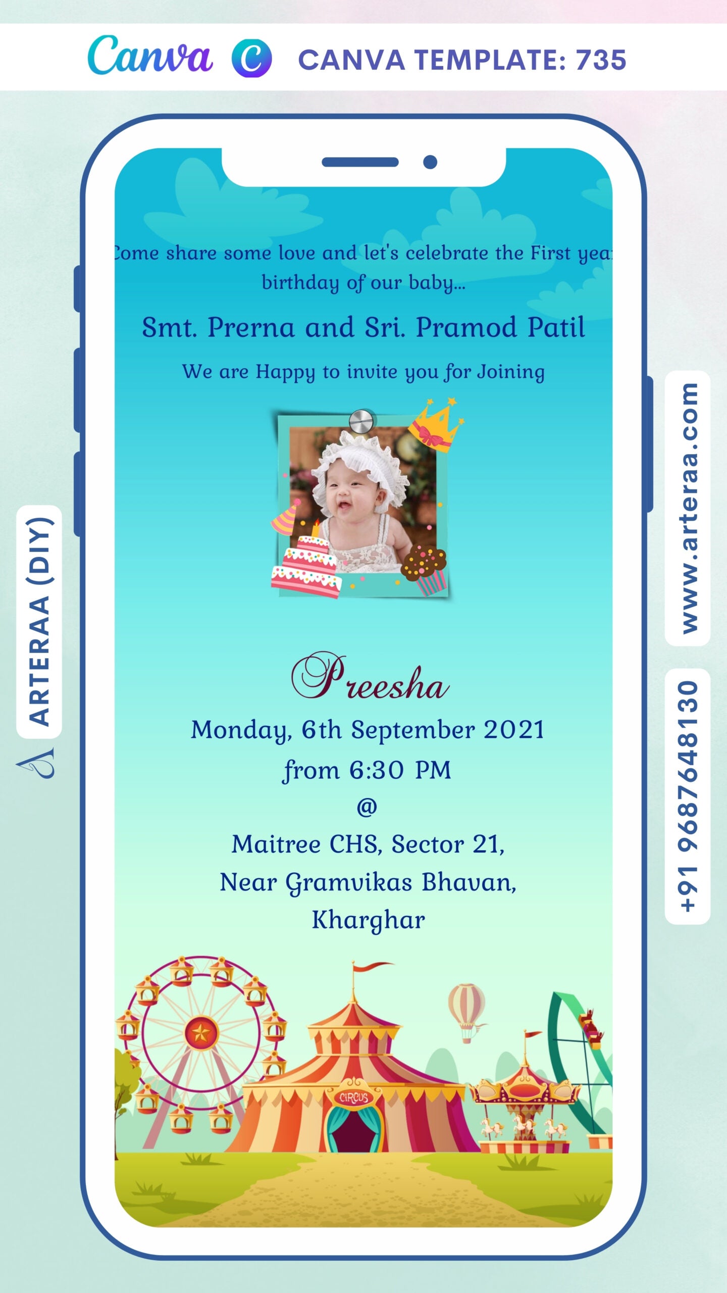 Birthday party invitation card Canva Editable Template for girl in english language with baby photo as carnival theme design 735