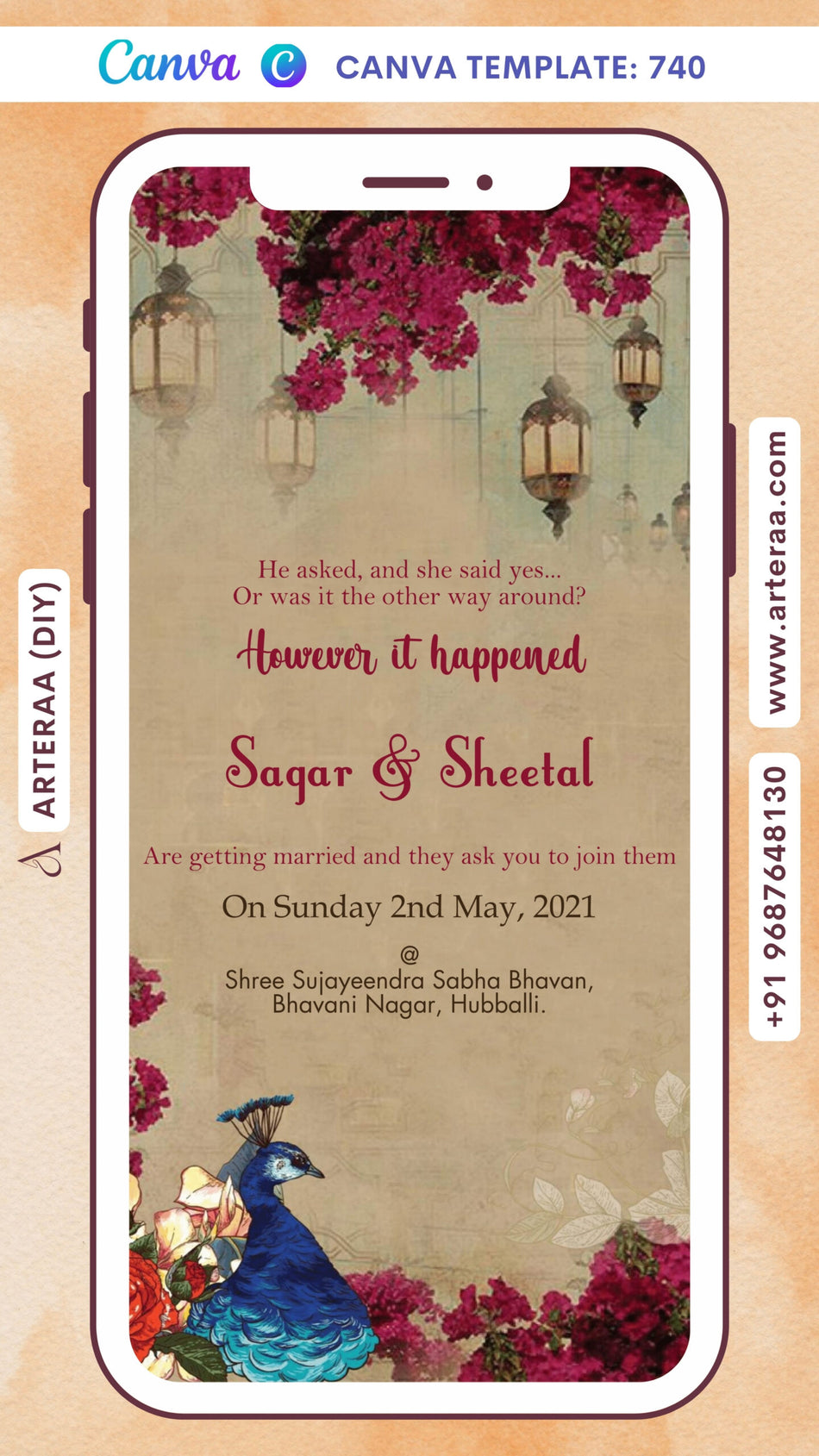 Wedding ceremony invitation card Canva Editable Template of hindu south indian kannada family in english language with Floral theme design 740