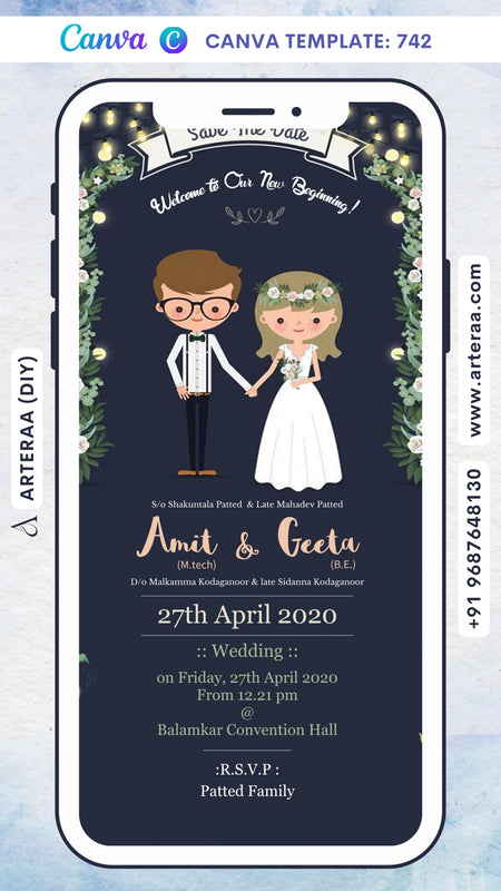 Wedding ceremony invitation card Canva Editable Template of hindu south indian kannada family in english language with Shining theme design 742