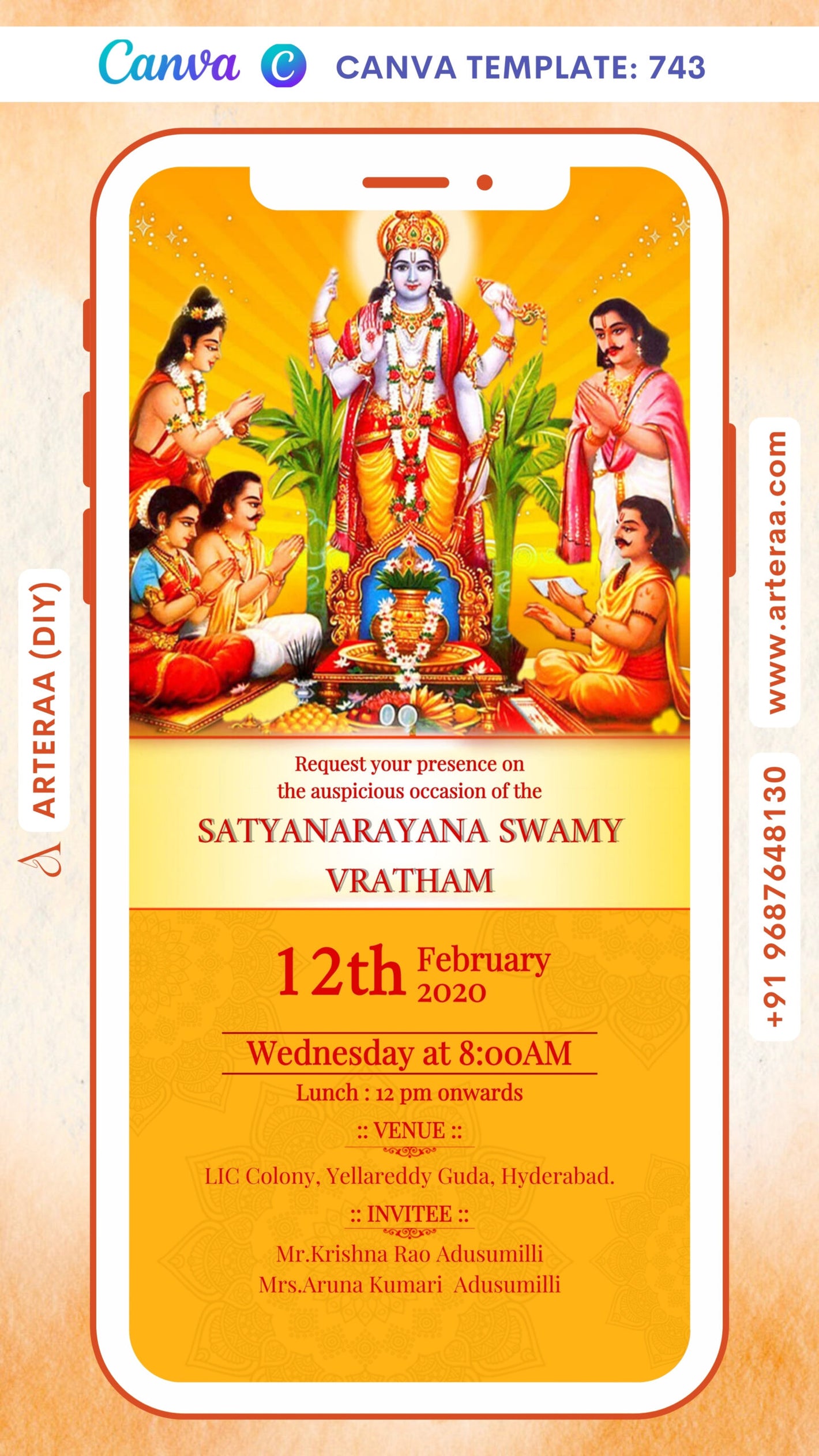 Satyanarayan Pooja Ceremony invitation card Canva Editable Template in english language with god vishnu image as minimalistic theme design 743