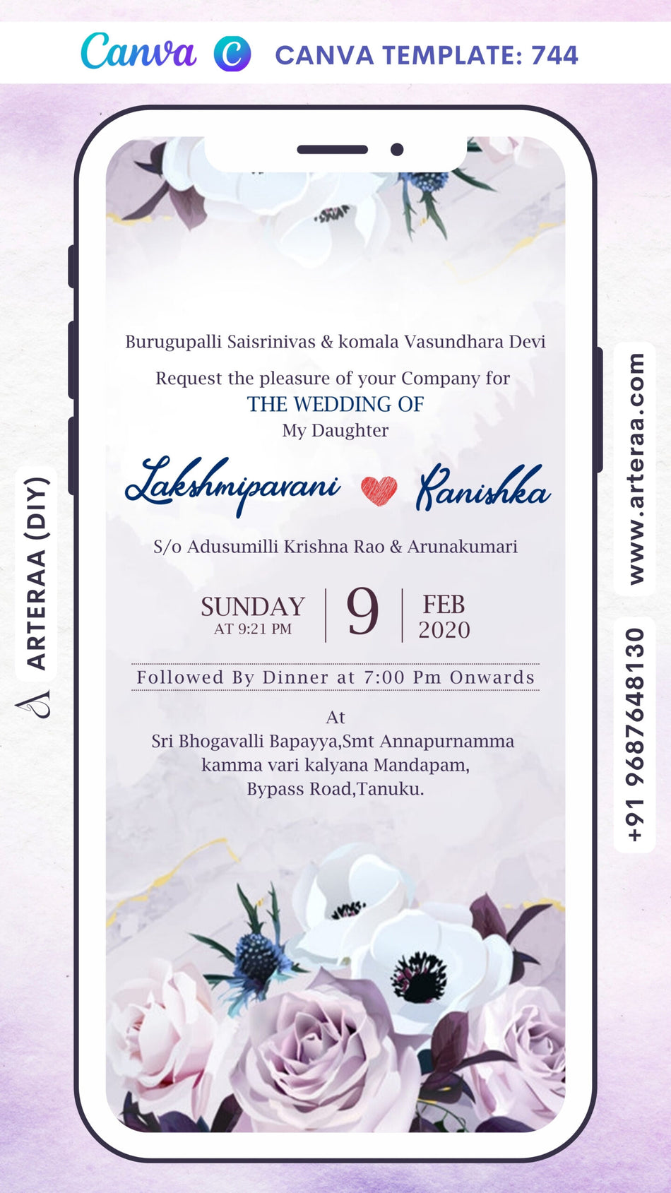 Wedding ceremony invitation card Canva Editable Template of hindu south indian telugu family in english language with Artistic flowers theme design 744