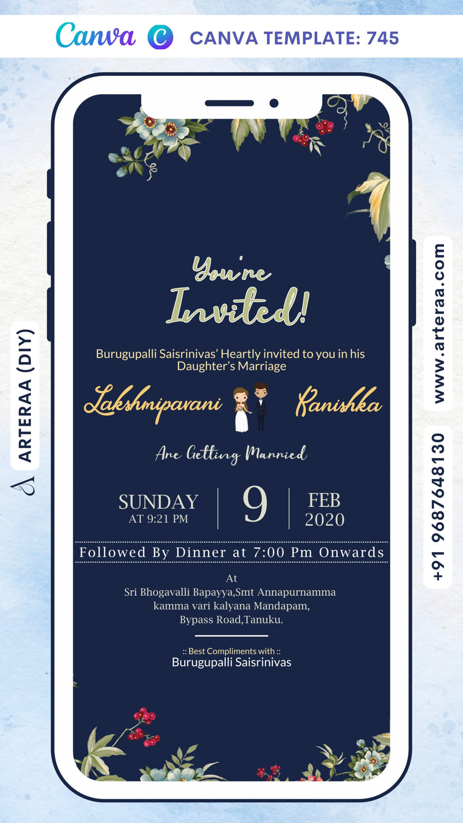 Wedding ceremony invitation card Canva Editable Template of hindu south indian telugu family in english language with Minimalistic theme design 745