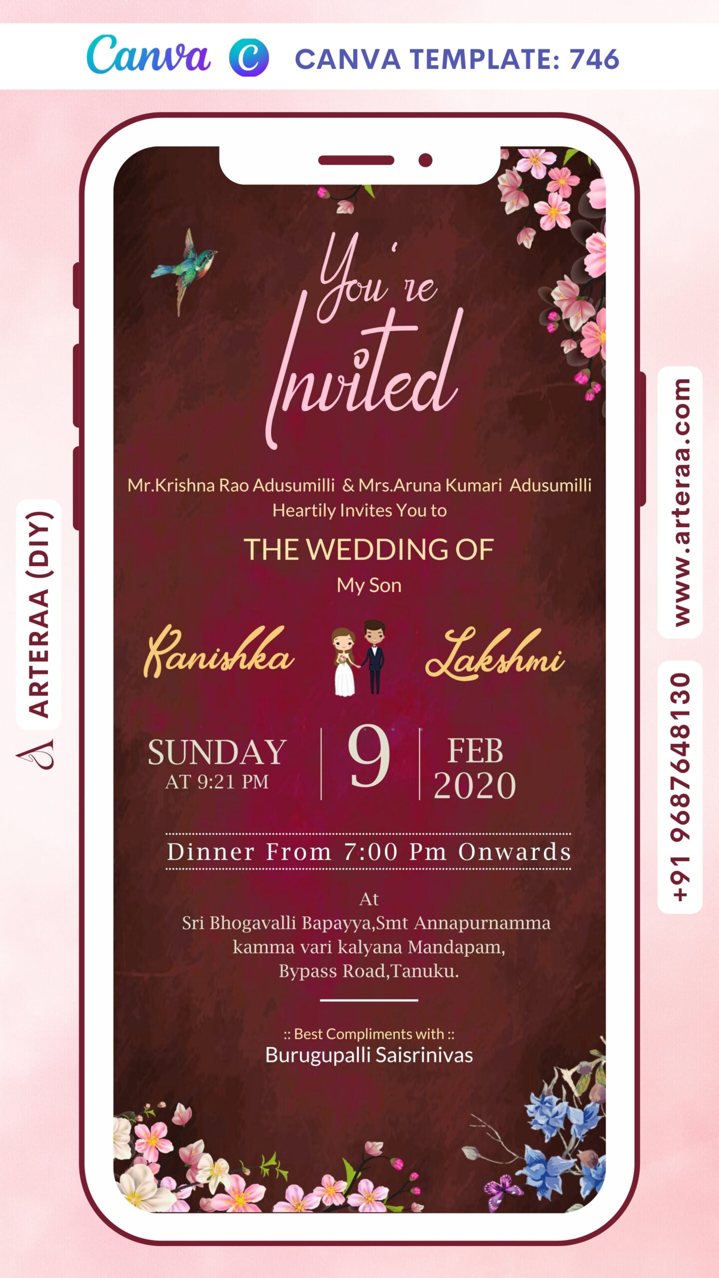 Wedding ceremony invitation card Canva Editable Template of hindu south indian telugu family in english language with Minimalistic theme design 746