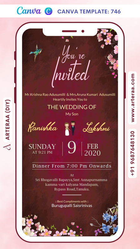 Wedding ceremony invitation card Canva Editable Template of hindu south indian telugu family in english language with Minimalistic theme design 746