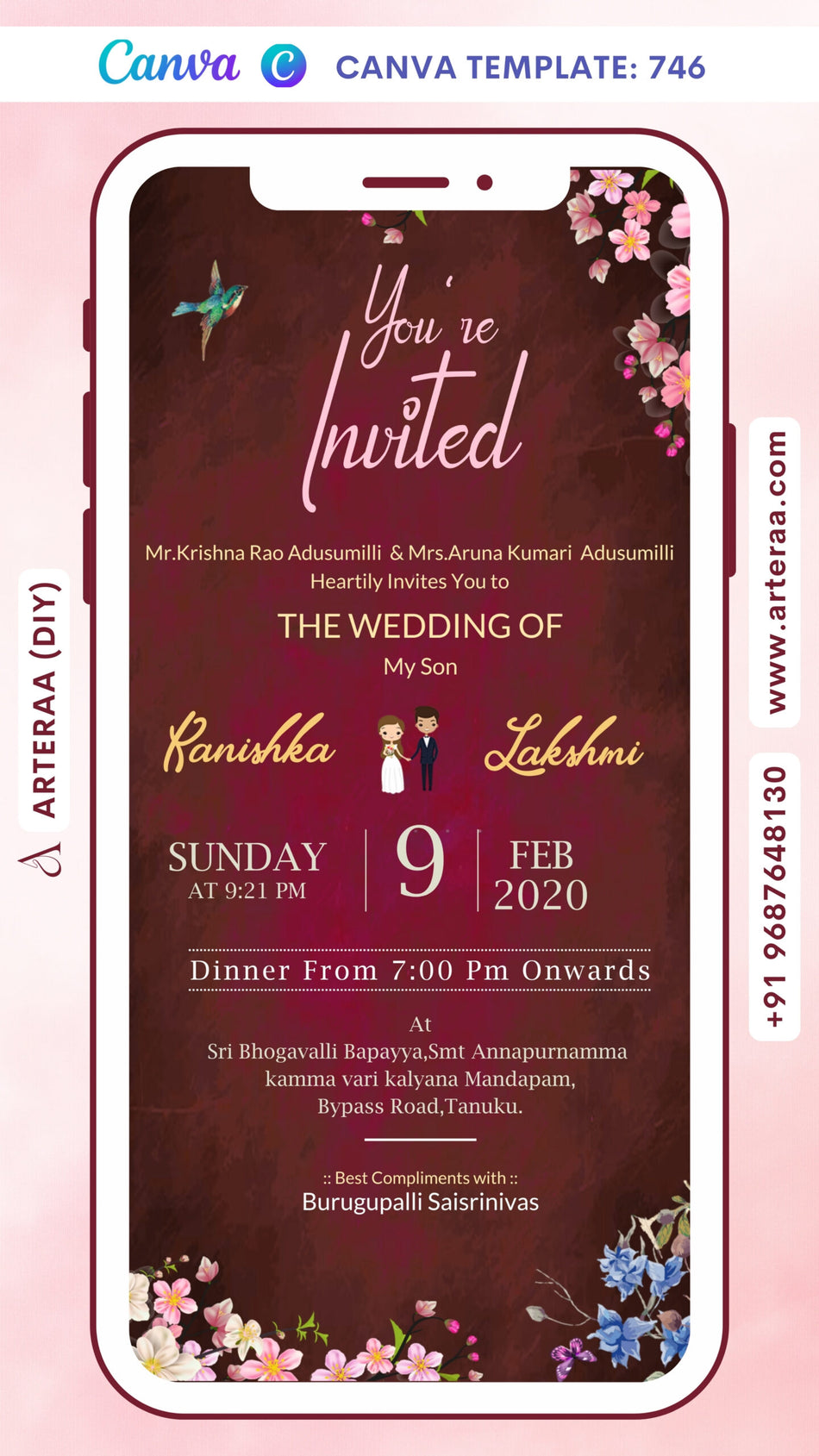 Wedding ceremony invitation card Canva Editable Template of hindu south indian telugu family in english language with Minimalistic theme design 746