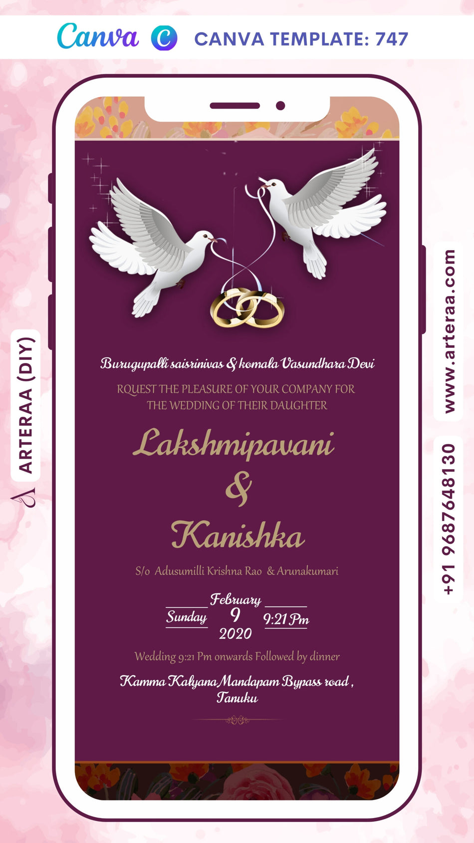 Wedding ceremony invitation card Canva Editable Template of hindu south indian telugu family in english language with Romantic Floral theme design 747
