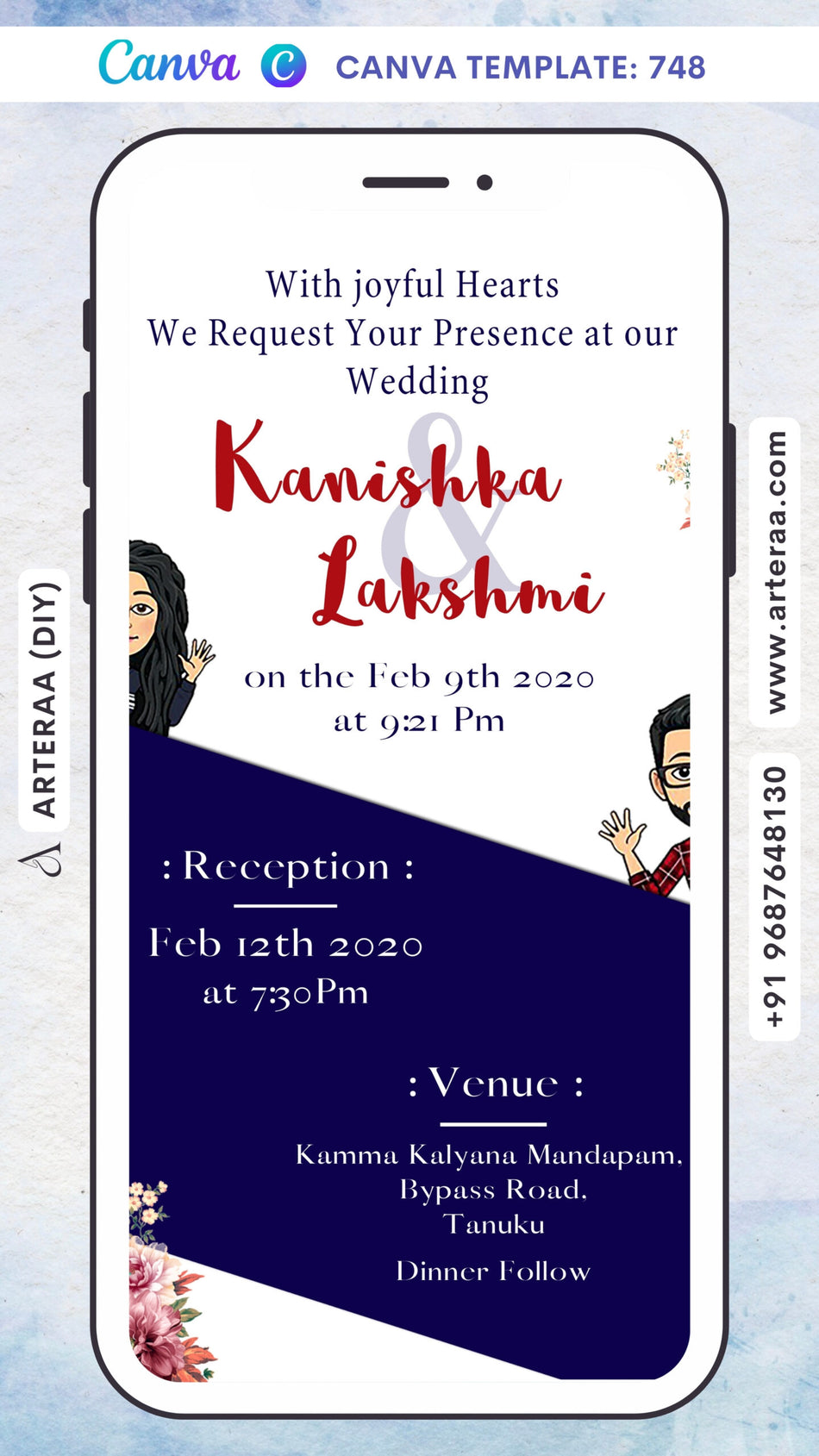 Wedding ceremony invitation card Canva Editable Template of hindu south indian telugu family in english language with Bollywood theme design 748