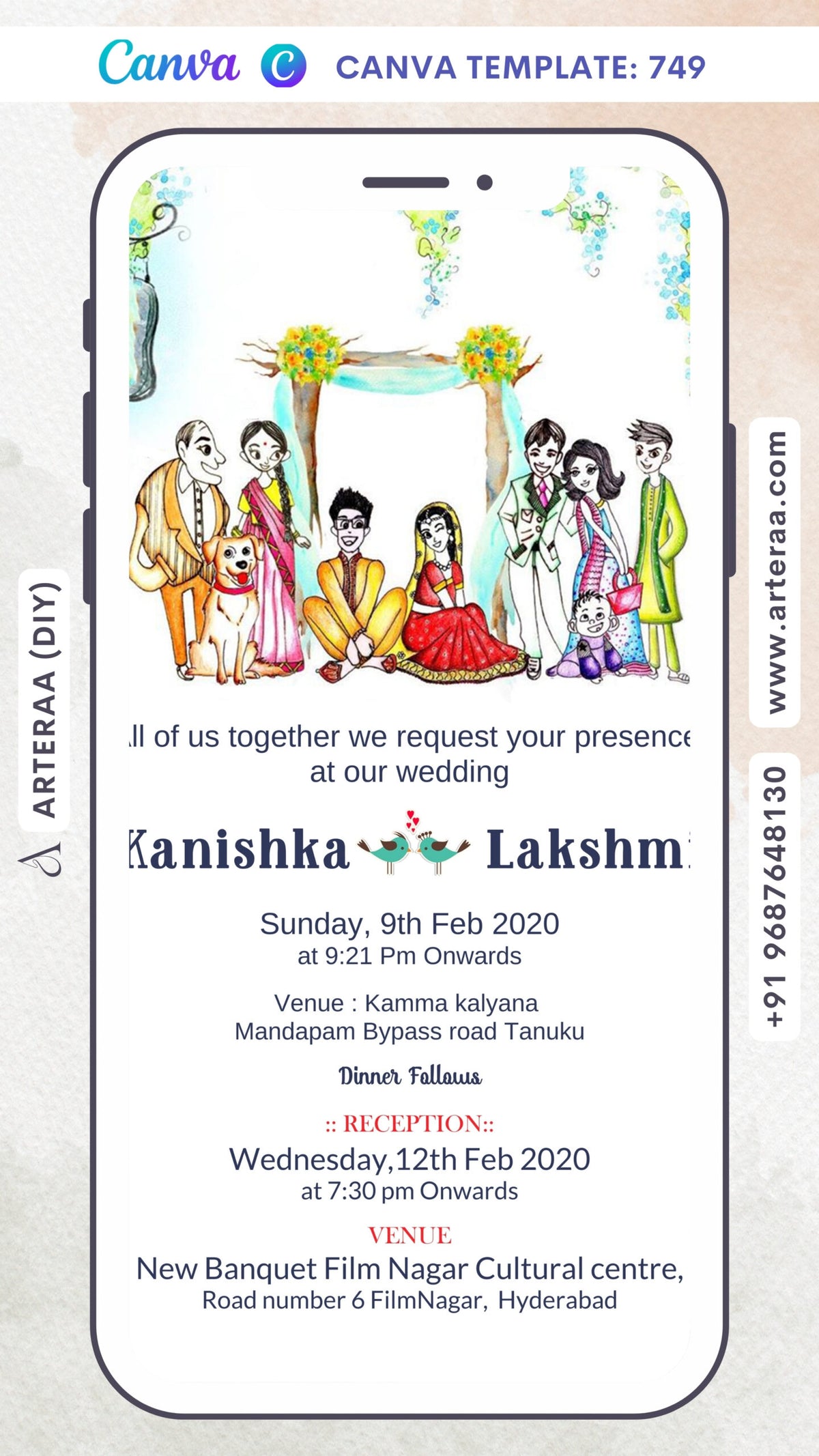 Wedding ceremony invitation card Canva Editable Template of hindu south indian telugu family in english language with Cartoonish theme design 749