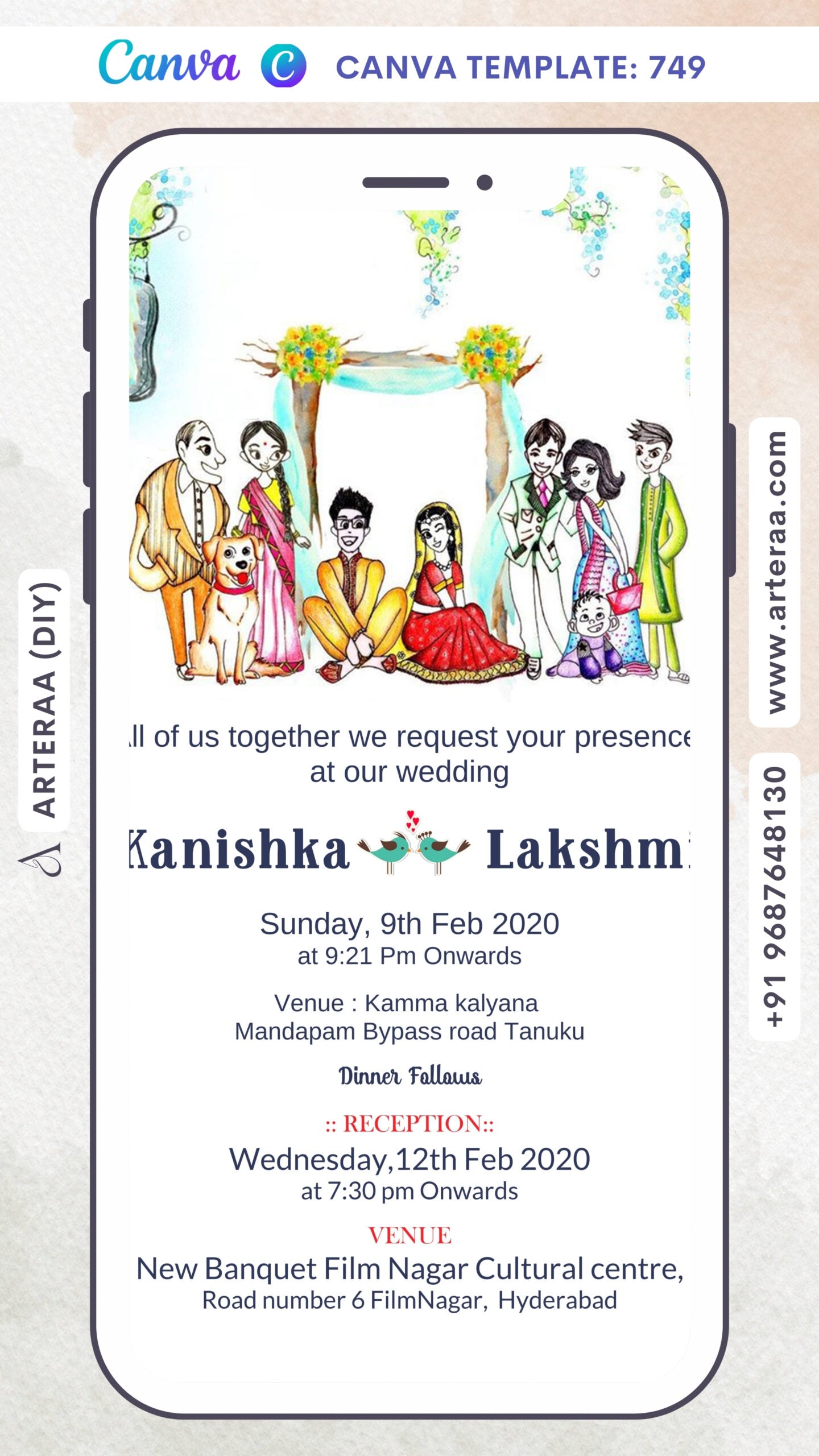 Wedding ceremony invitation card Canva Editable Template of hindu south indian telugu family in english language with Cartoonish theme design 749