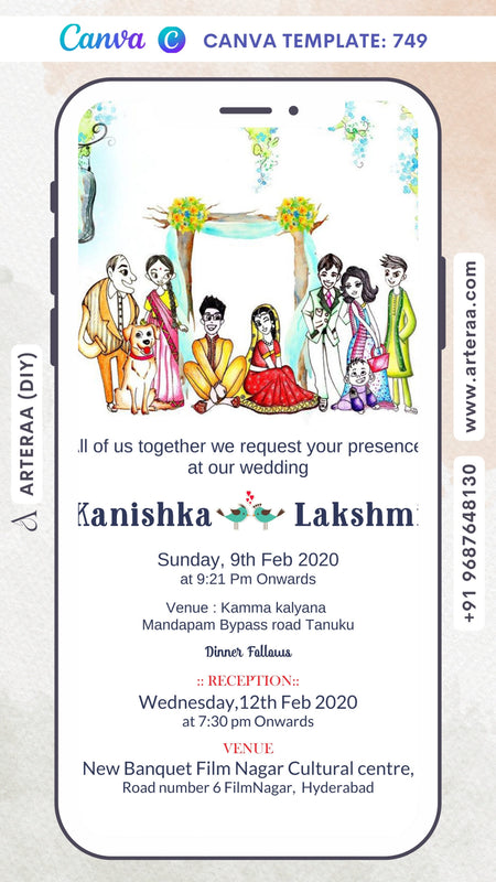 Wedding ceremony invitation card Canva Editable Template of hindu south indian telugu family in english language with Cartoonish theme design 749