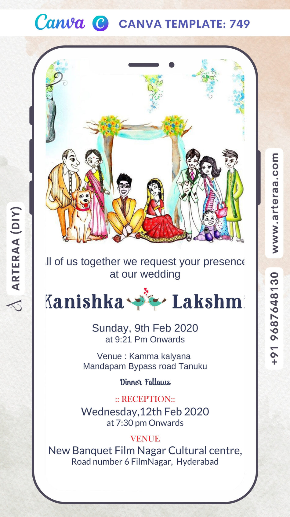 Wedding ceremony invitation card Canva Editable Template of hindu south indian telugu family in english language with Cartoonish theme design 749