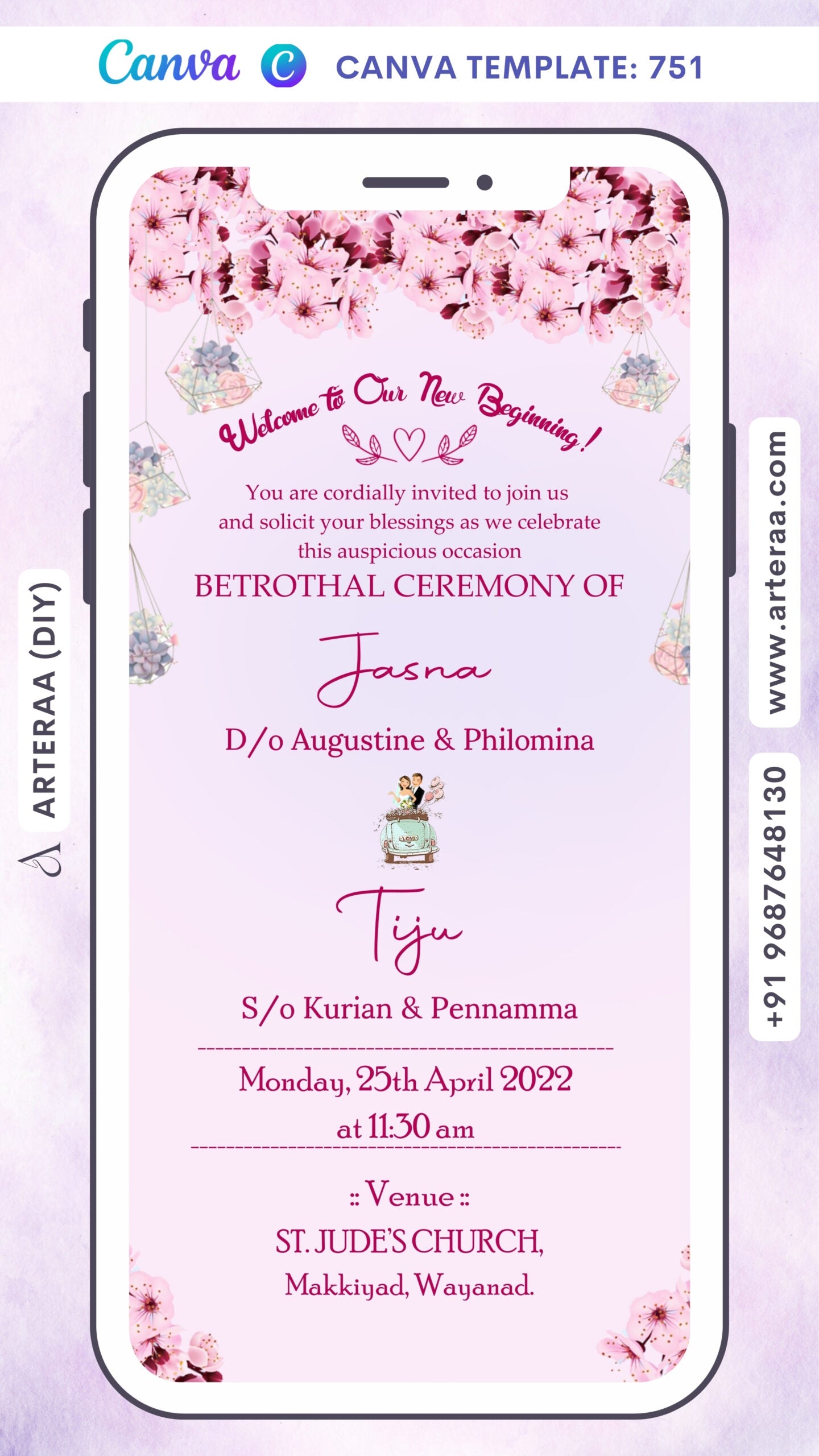 Digital Betrothal Ceremony Invitation Of North Indian Family In English Language With Floral Theme Canva Editable Template design no - 751