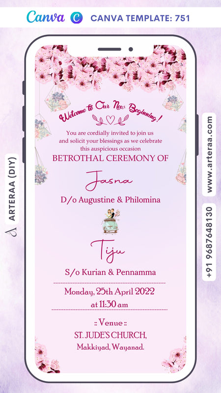 Digital Betrothal Ceremony Invitation Of North Indian Family In English Language With Floral Theme Canva Editable Template design no - 751