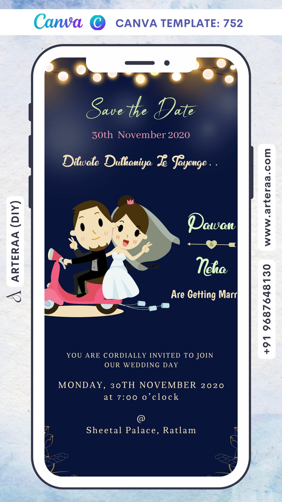 Save the Date card Canva Editable Template in english language with romantic couple doodle as night theme design 752