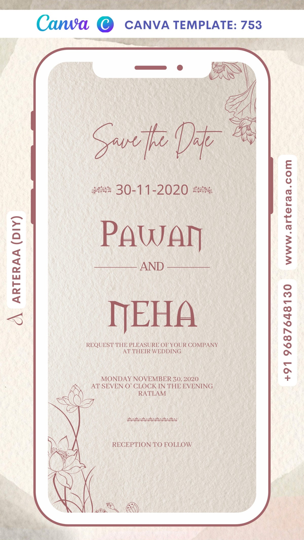Wedding ceremony invitation card Canva Editable Template of hindu north indian family in english language with Vintage theme design 753