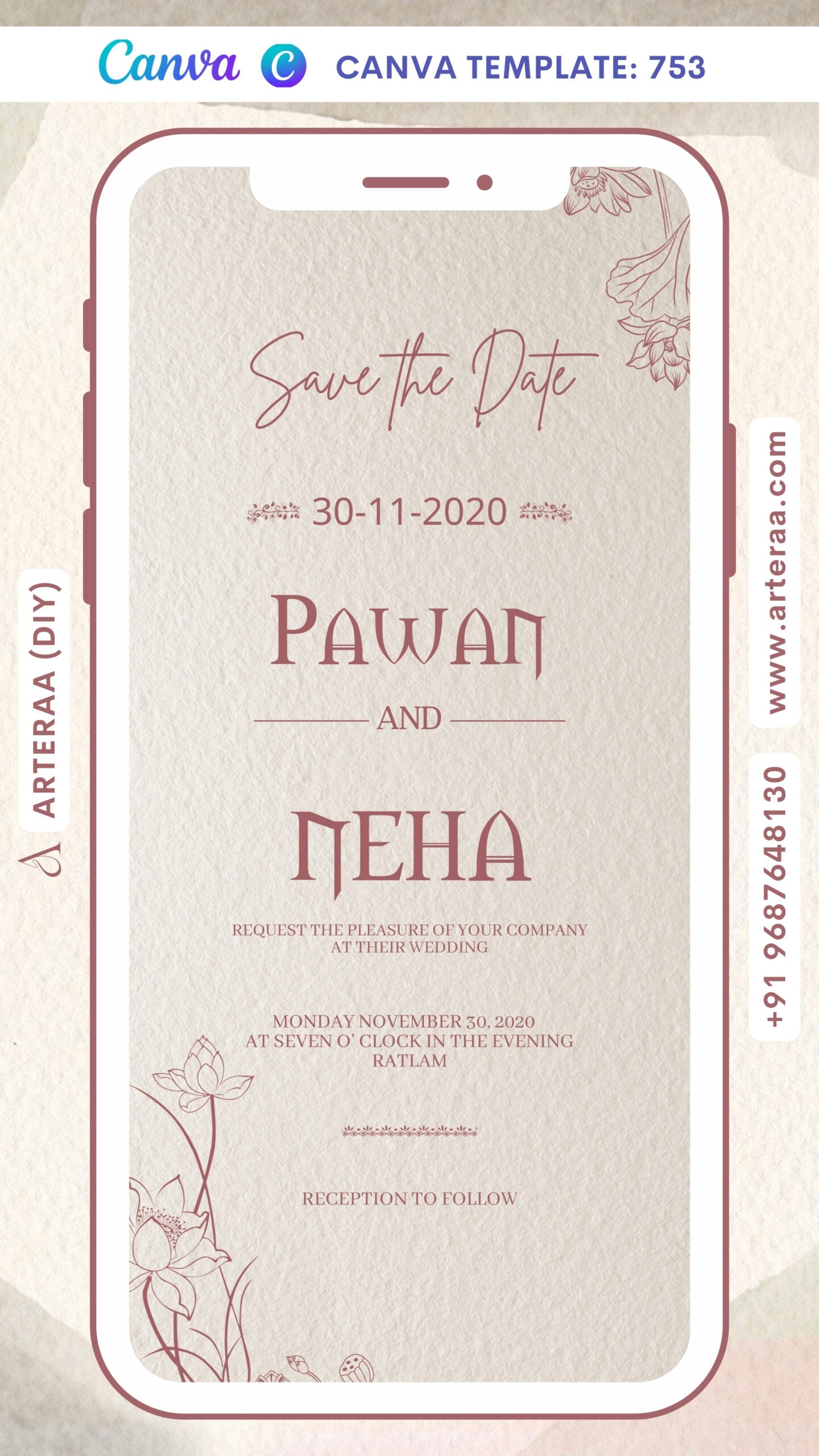 Wedding ceremony invitation card Canva Editable Template of hindu north indian family in english language with Vintage theme design 753