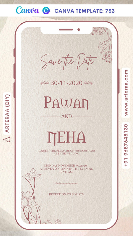 Wedding ceremony invitation card Canva Editable Template of hindu north indian family in english language with Vintage theme design 753