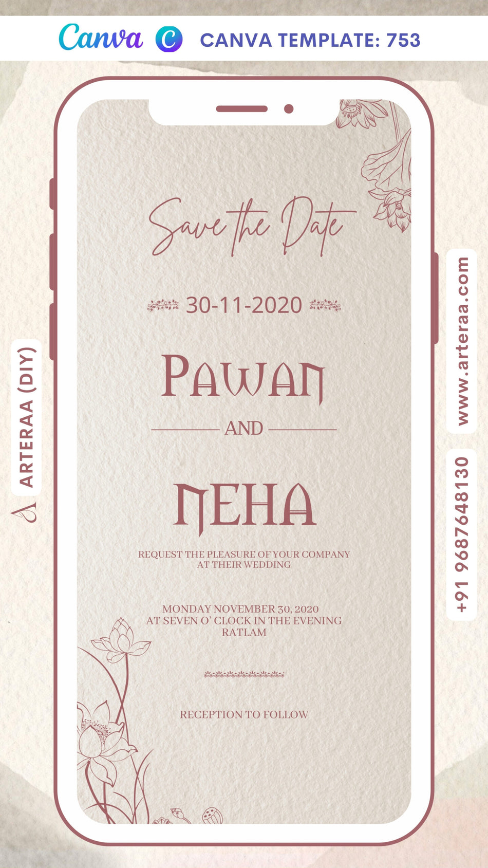 Wedding ceremony invitation card Canva Editable Template of hindu north indian family in english language with Vintage theme design 753