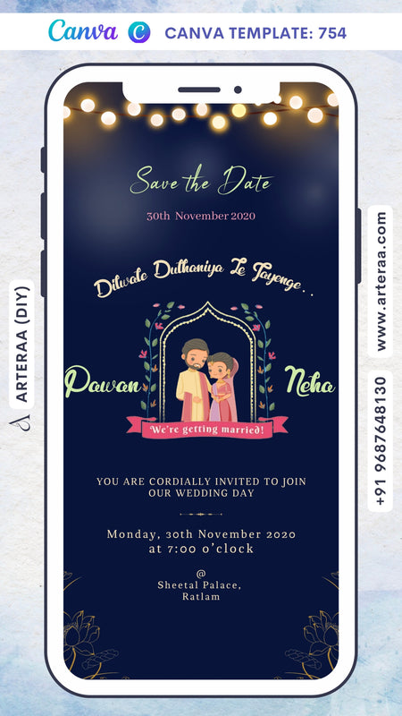 Wedding ceremony invitation card Canva Editable Template of hindu north indian family in english language with Shining theme design 754