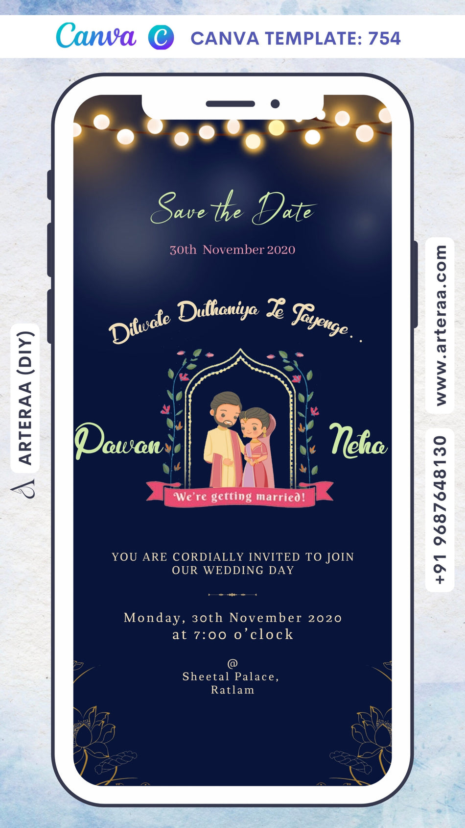 Wedding ceremony invitation card Canva Editable Template of hindu north indian family in english language with Shining theme design 754