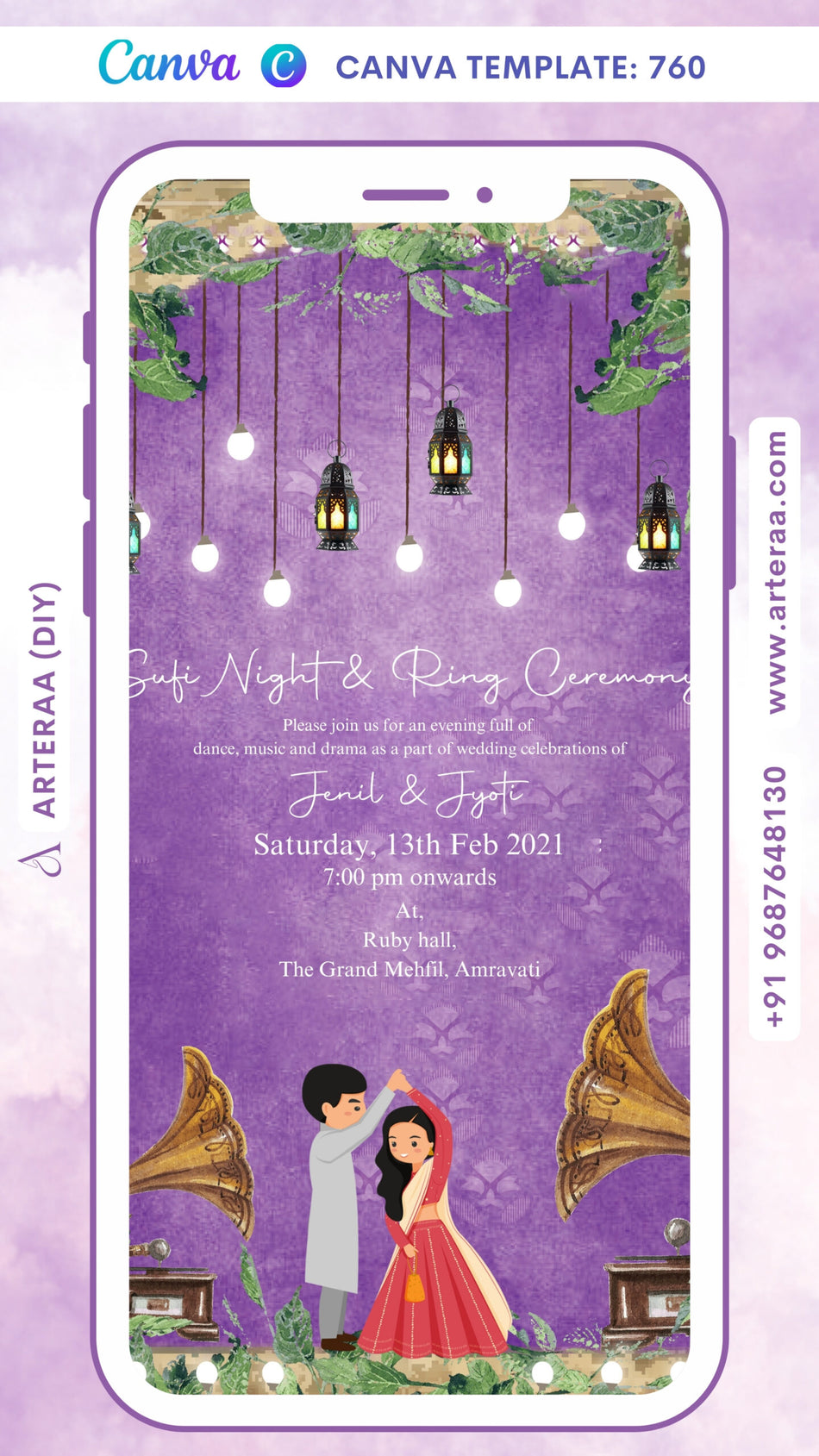 Digital Ring Ceremony Invitation Of Indian Family In English Language With Vintage Theme Canva Editable Template design no - 760