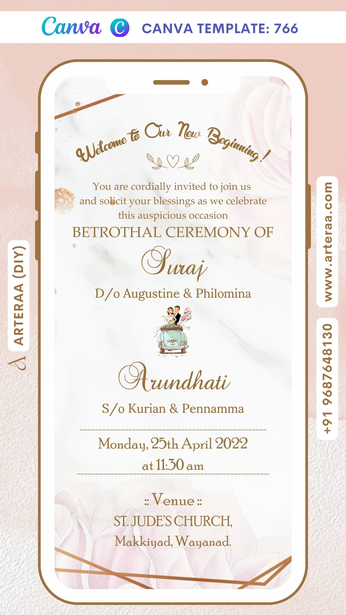 Betrothal ceremony invitation card Canva Editable Template for Catholic family in english language with romantic couple doodle, flowers as minimalistic theme design 766