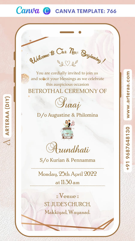 Betrothal ceremony invitation card Canva Editable Template for Catholic family in english language with romantic couple doodle, flowers as minimalistic theme design 766