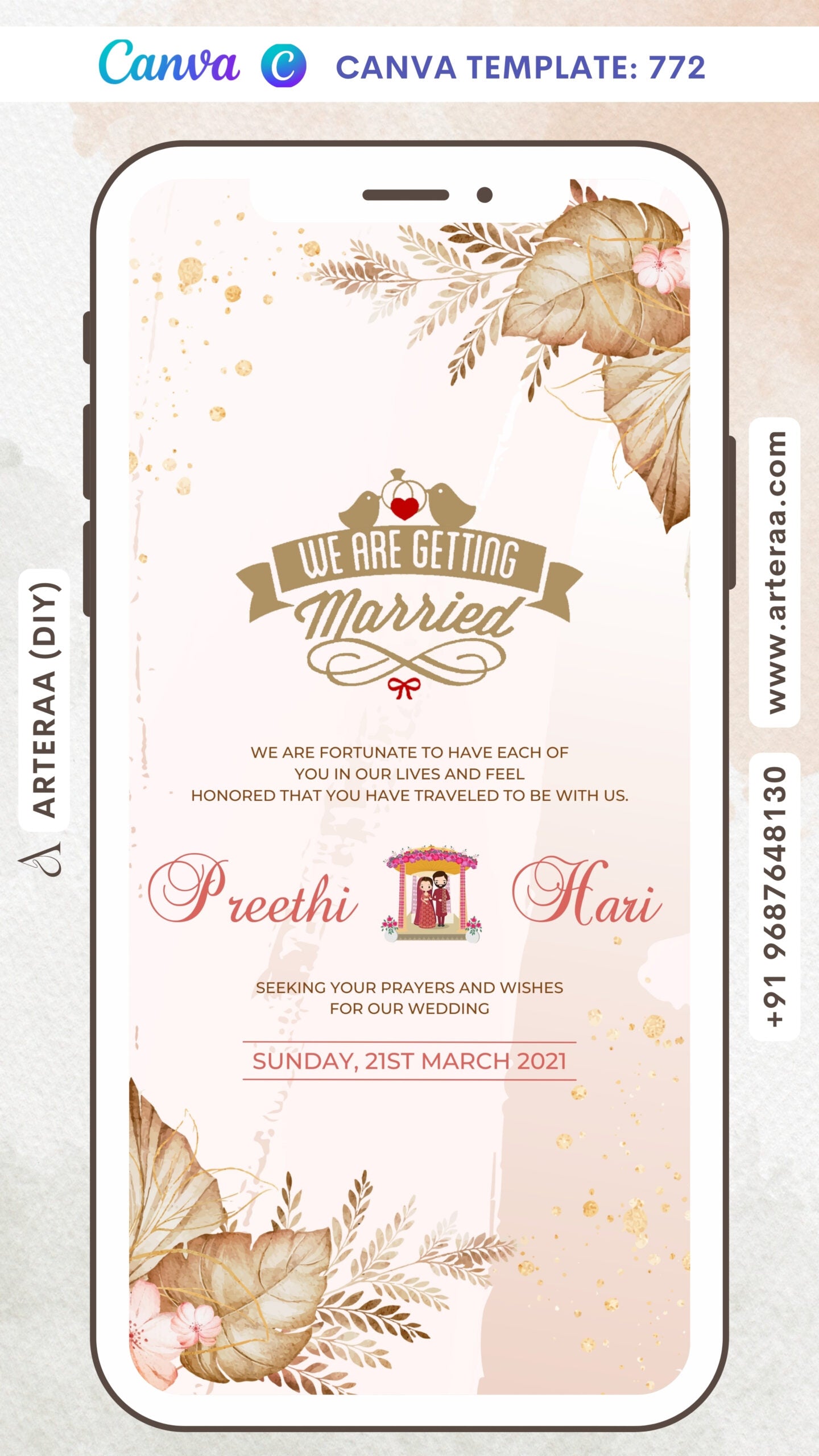 Save the Date card Canva Editable Template in english language with birds, flowers as floral theme design 772