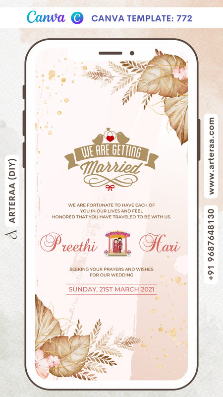 Save the Date card Canva Editable Template in english language with birds, flowers as floral theme design 772