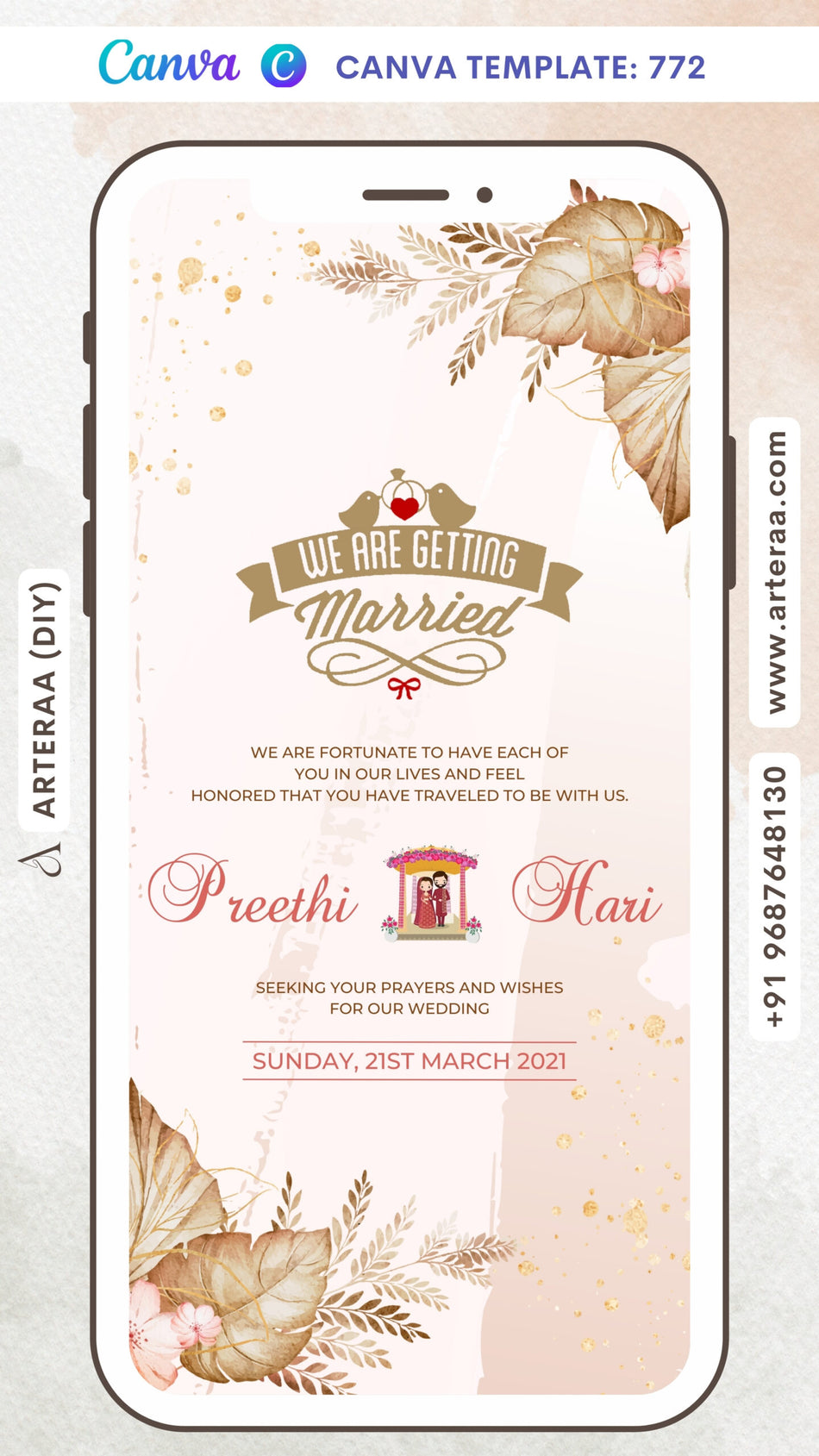Save the Date card Canva Editable Template in english language with birds, flowers as floral theme design 772