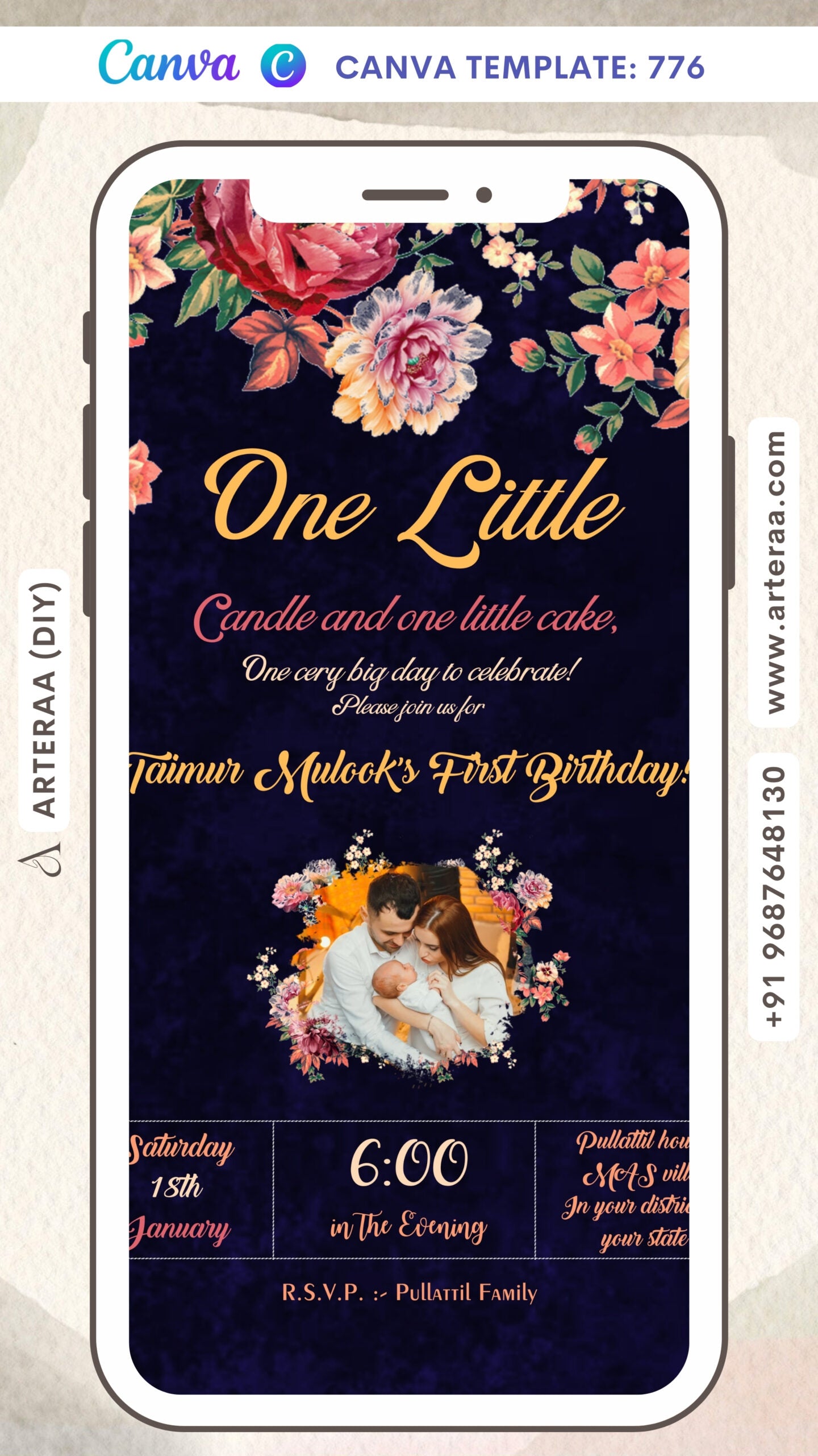 Birthday party invitation card Canva Editable Template for boy in english language with flowers as floral theme design 776