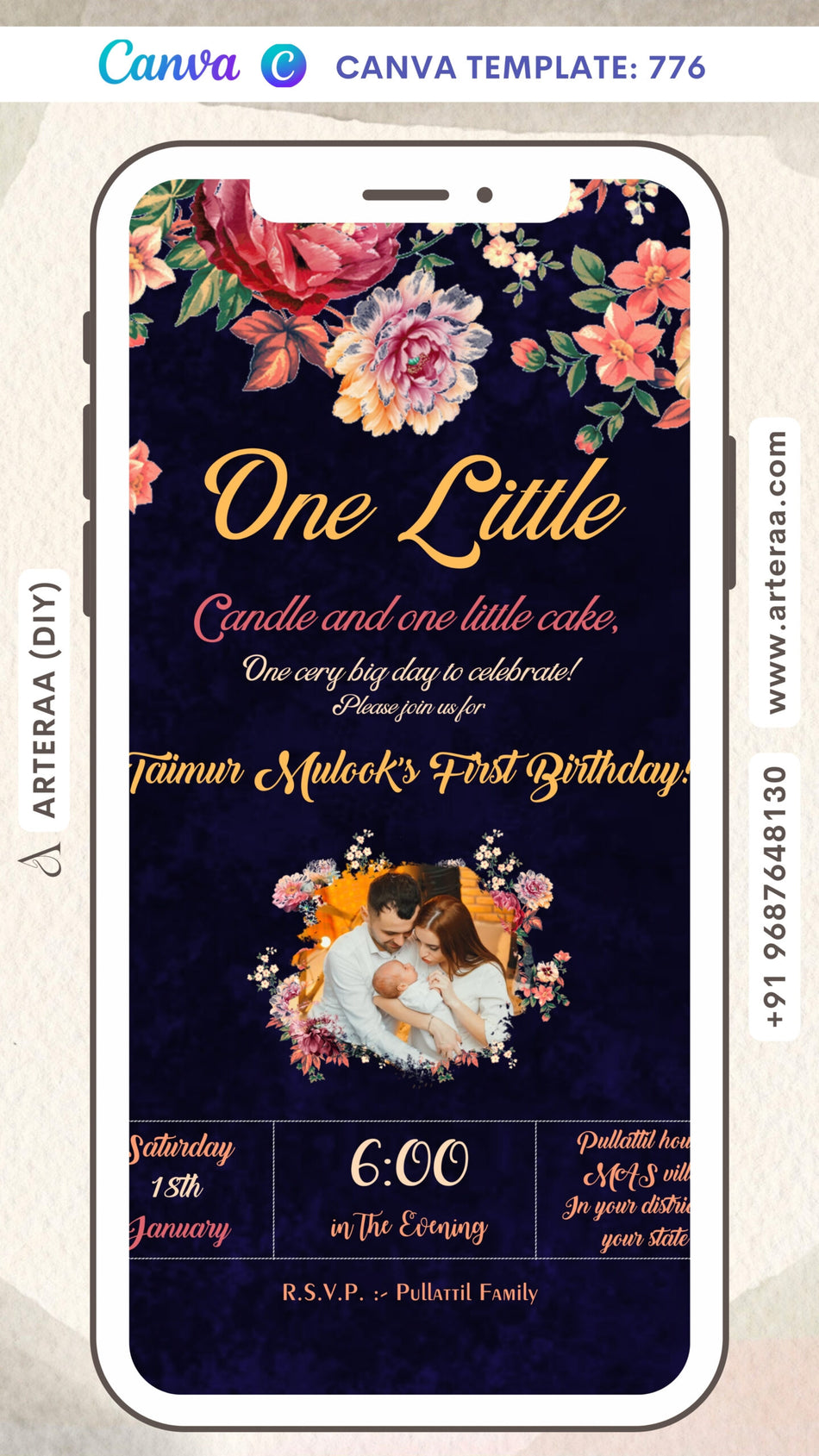 Birthday party invitation card Canva Editable Template for boy in english language with flowers as floral theme design 776