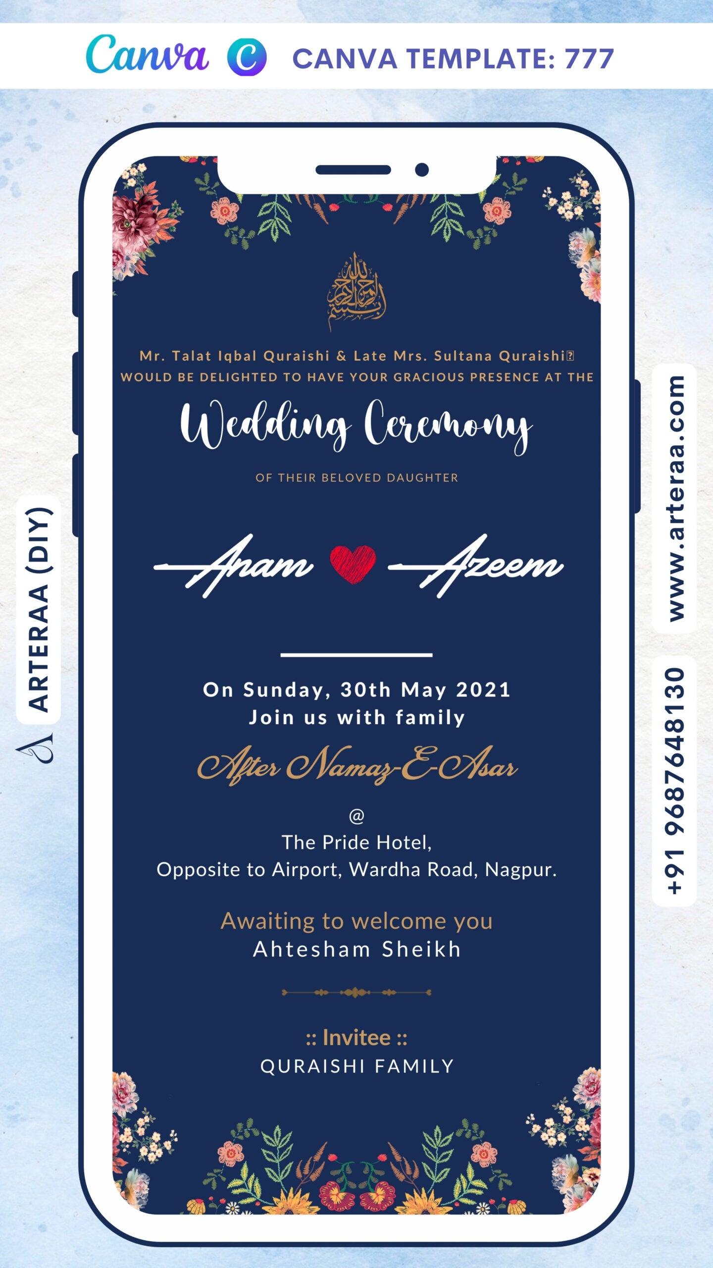 Nikah ceremony invitation card Canva Editable Template of Muslim family in english language with Floral theme design 777