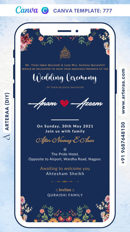 Nikah ceremony invitation card Canva Editable Template of Muslim family in english language with Floral theme design 777