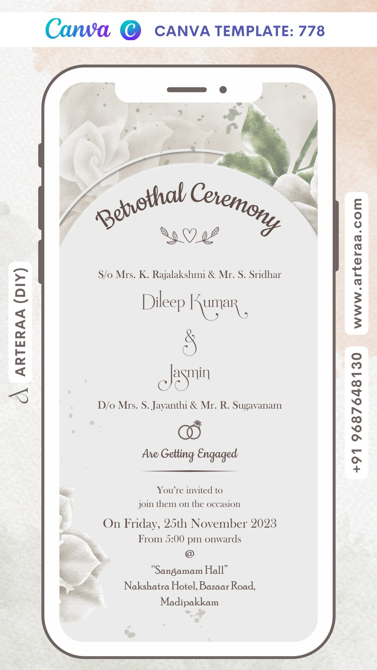Betrothal ceremony invitation card Canva Editable Template for Catholic family in english language with flowers, couple ring as gate theme design 778
