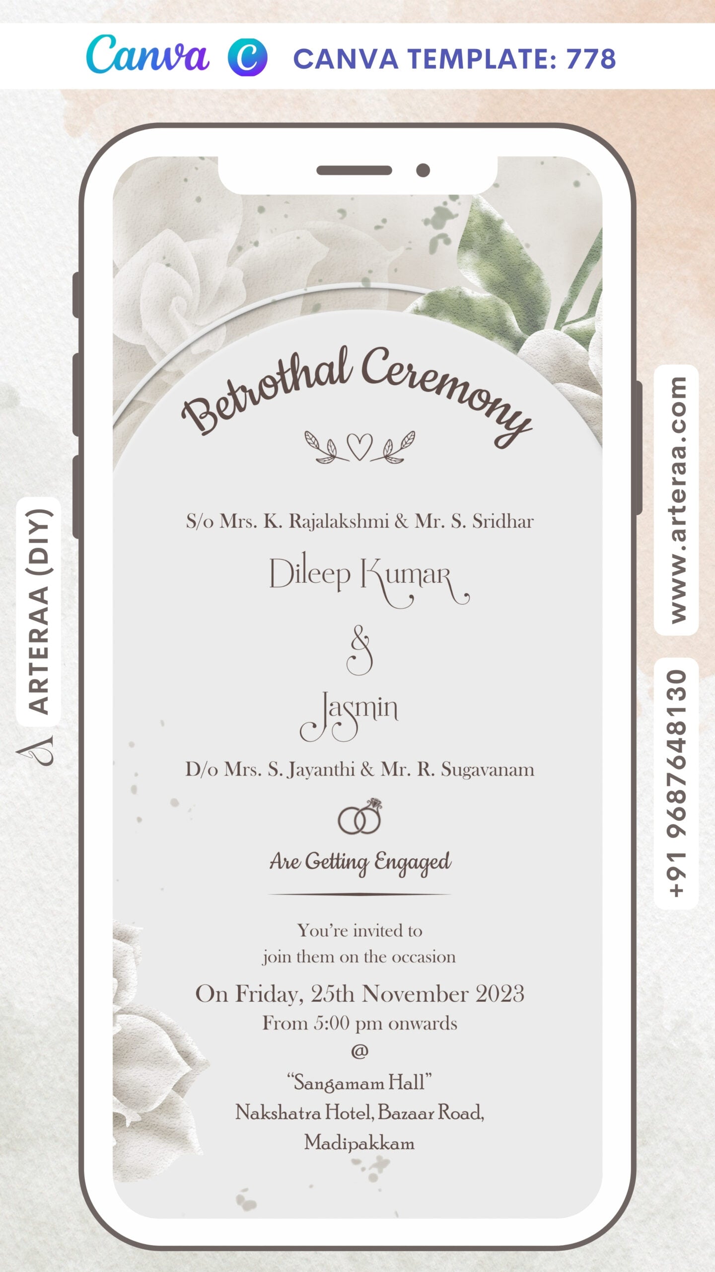 Betrothal ceremony invitation card Canva Editable Template for Catholic family in english language with flowers, couple ring as gate theme design 778