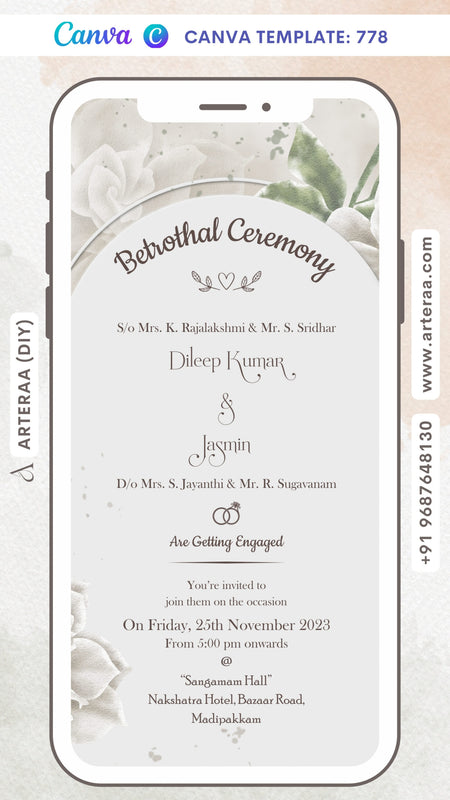 Betrothal ceremony invitation card Canva Editable Template for Catholic family in english language with flowers, couple ring as gate theme design 778