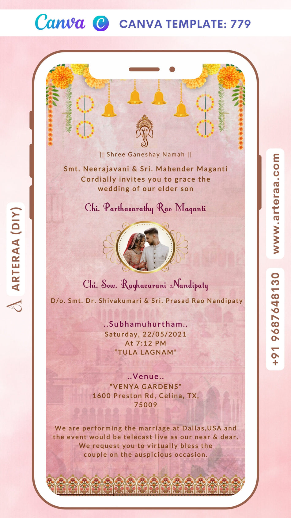 Wedding ceremony invitation card Canva Editable Template of hindu hindu family in english language with marigold flowers theme design 779