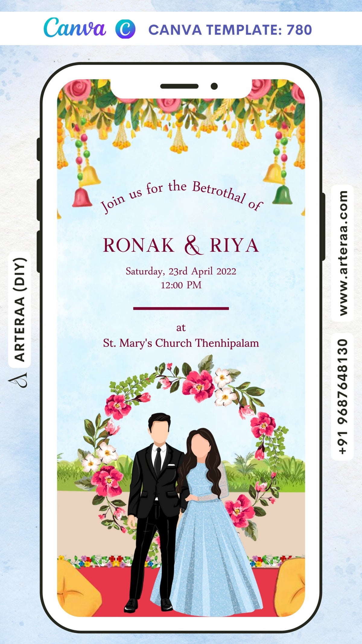 Betrothal ceremony invitation card Canva Editable Template for Catholic family in english language with stylish couple doodle, flowers frame as garden theme design 780
