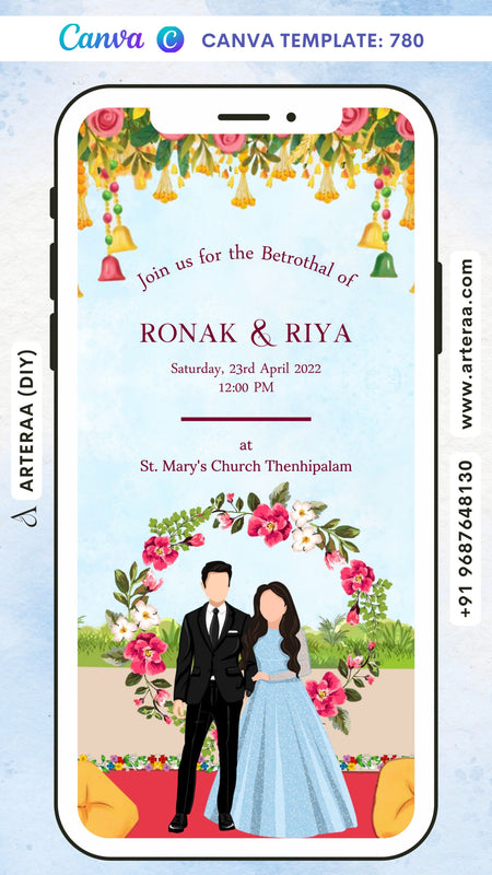 Betrothal ceremony invitation card Canva Editable Template for Catholic family in english language with stylish couple doodle, flowers frame as garden theme design 780