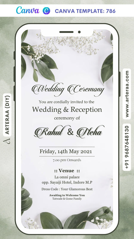 Wedding ceremony invitation card Canva Editable Template of hindu north indian family in english language with Floral theme design 786
