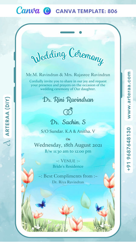 Wedding ceremony invitation card Canva Editable Template of hindu south indian malayali family in english language with floral theme design 806
