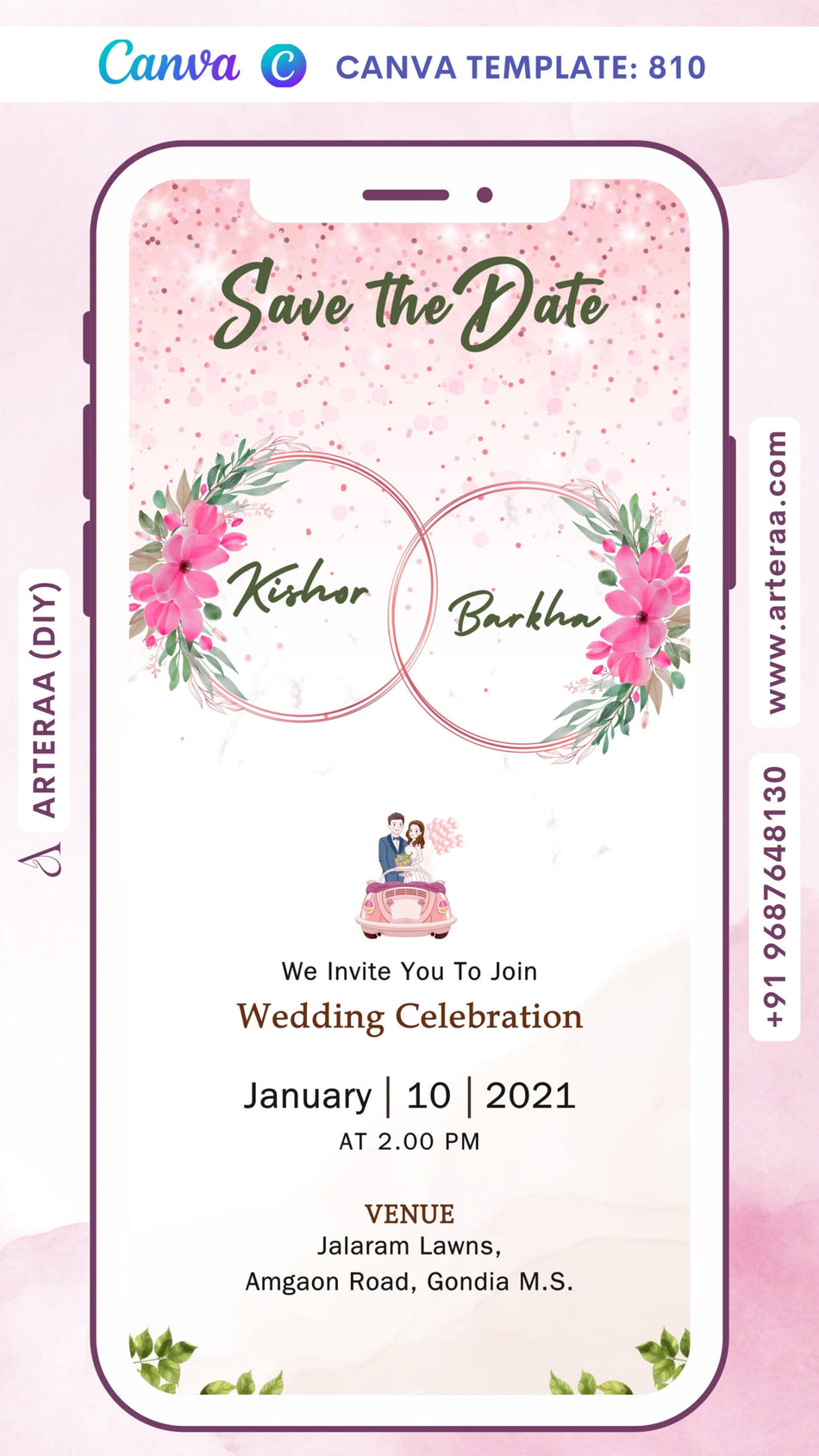 Save the Date card Canva Editable Template in english language with romantic couple doodle, frame as asthetic theme design 810
