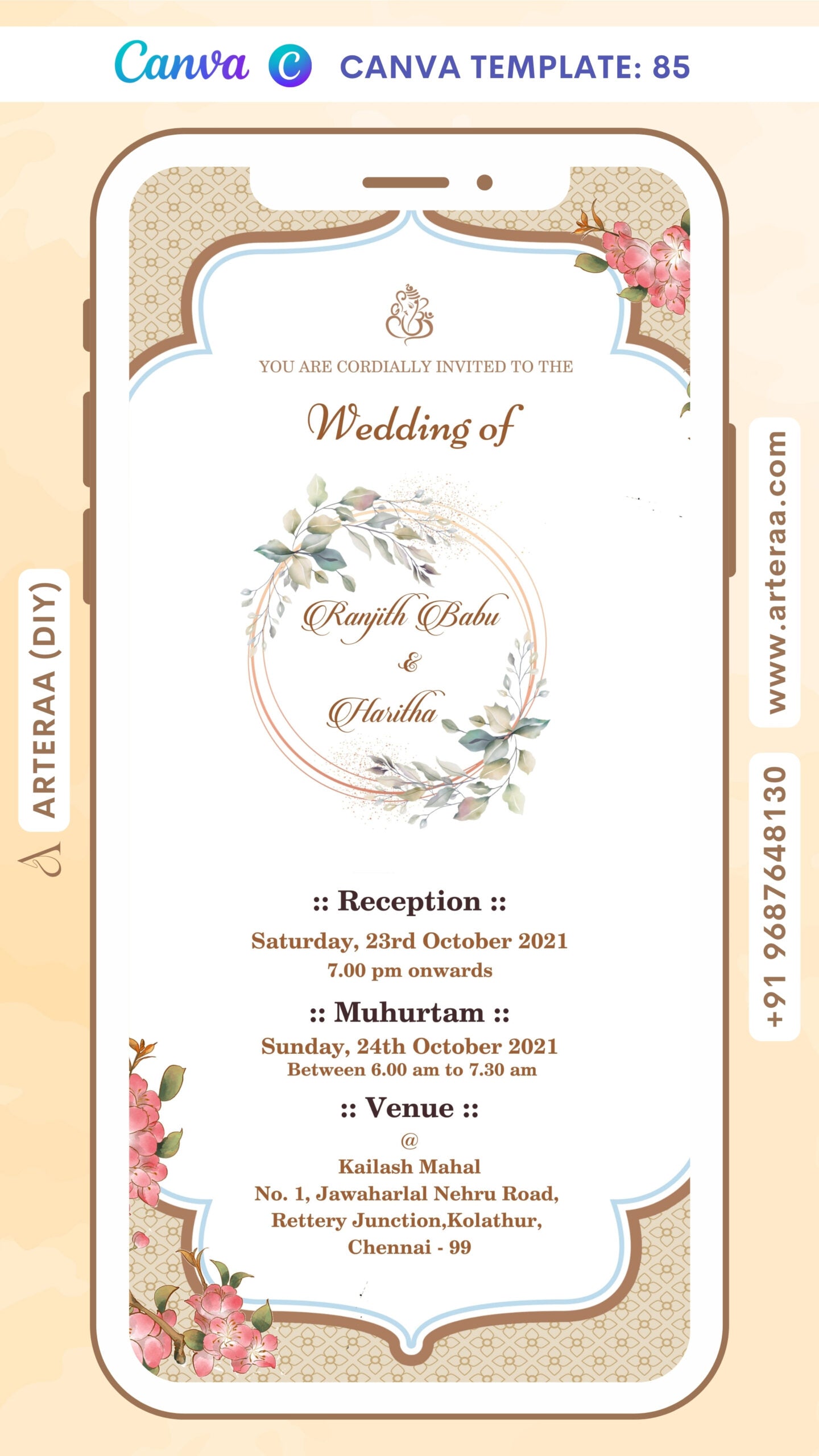 Wedding ceremony invitation card Canva Editable Template of hindu south indian tamil family in english language with Arch theme design 85