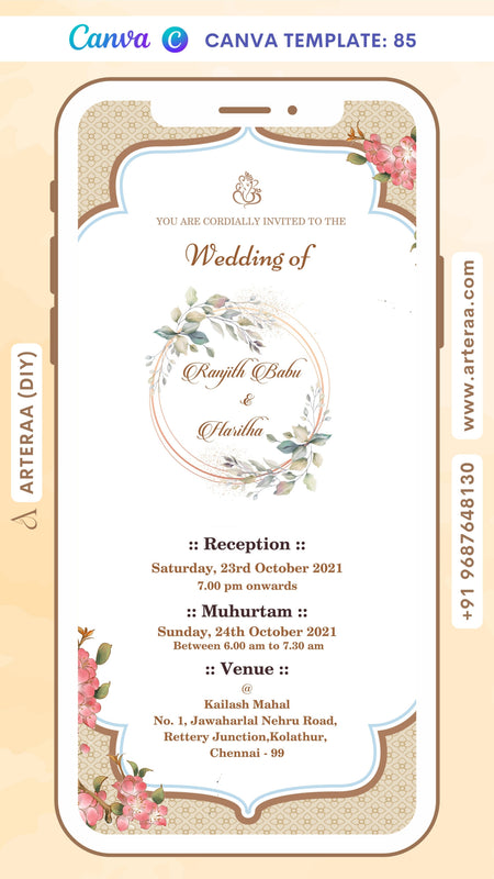 Wedding ceremony invitation card Canva Editable Template of hindu south indian tamil family in english language with Arch theme design 85