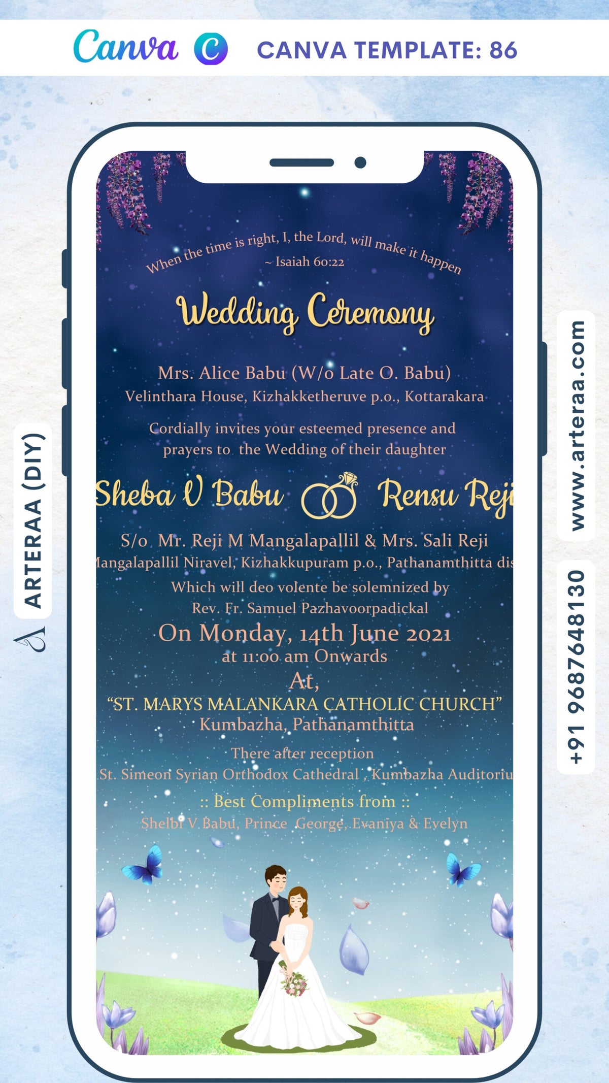 Reception Party invitation card Canva Editable Template in english language with couple doodle, fence as garden theme design 100