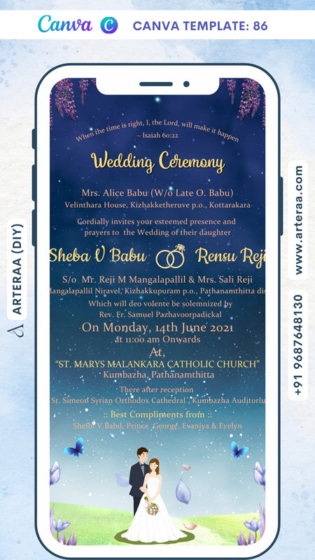 Reception Party invitation card Canva Editable Template in english language with couple doodle, fence as garden theme design 100
